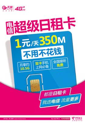 湖南电信日租卡,1元1天350兆,不用不收费